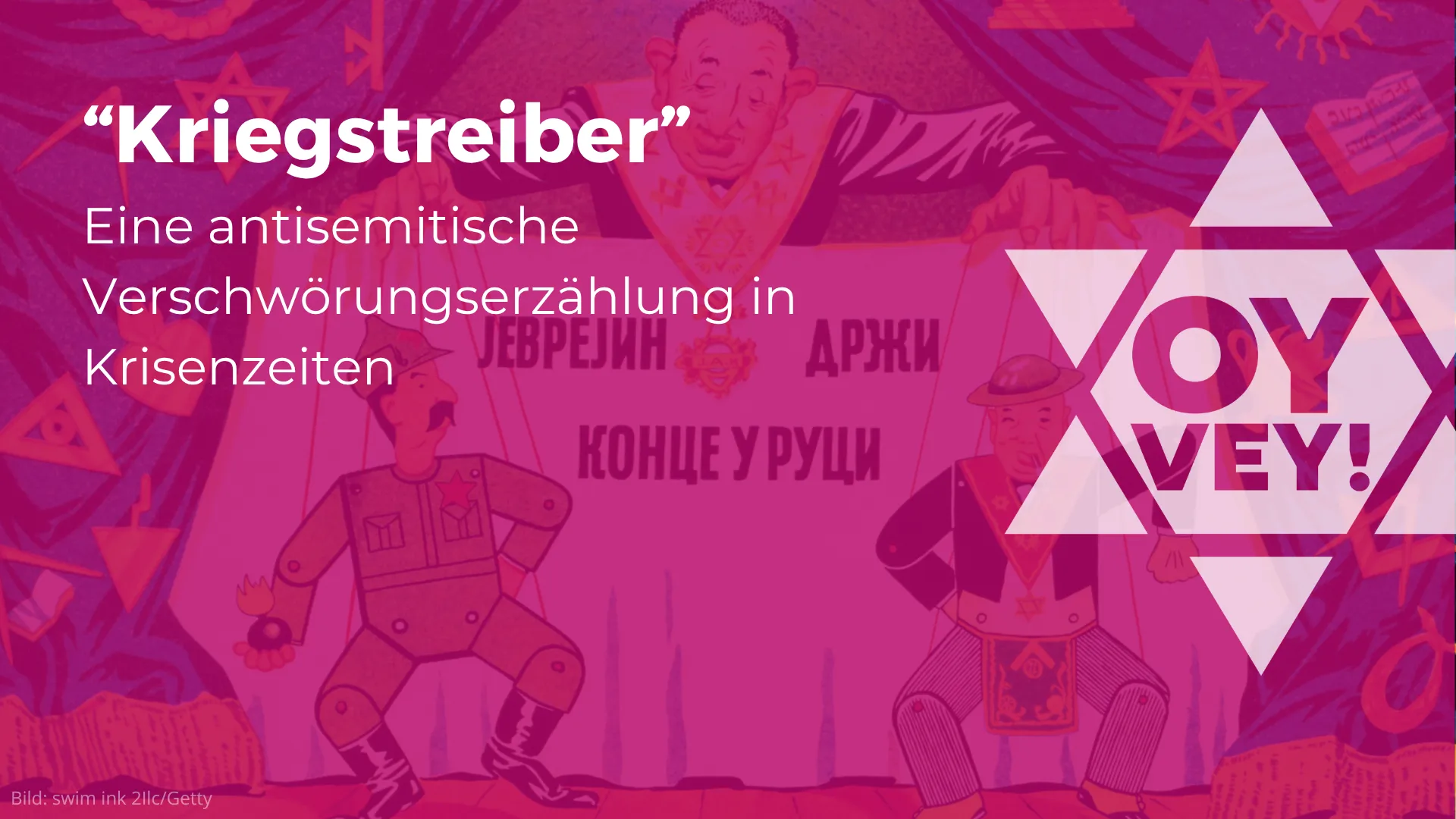Titelbild mit Überschrift "'Kriegstreiber'. Eine antisemitische Verschwörungserzählung in Krisenzeiten" vor einer antisemitischen Karikatur