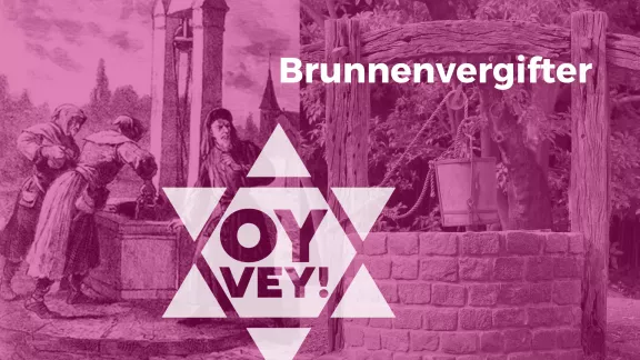 Antisemitisches Bild des Brunnenvergiftermythos links, Bild eines Brunnen rechts, beides gestört durch das Logo des Projekts