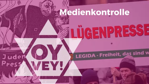 Antisemitische Karrikatur mit dem Titel Judenpresse links und ein Plakat der Legida Demonstration mit der Aufschrift Lügenpresse rechts. Beides gestört durch Projektlogo