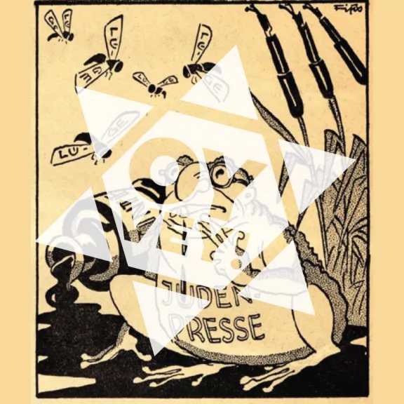 Judenpresse 1x1 Bild Antisemitische Zeichnung: Kröte mit der Aufschrift "Judenpresse" schaut auf Fliegen mit der Aufschrift "Lüge"