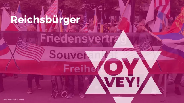 Bild eines Banners auf einer Reichsbürger-Demonstration in den Farben des Deutschen Reichs, schwarz-weiß-rot, mit der Aufschrift " Friedensvertrag, Souveränität, Freiheit"