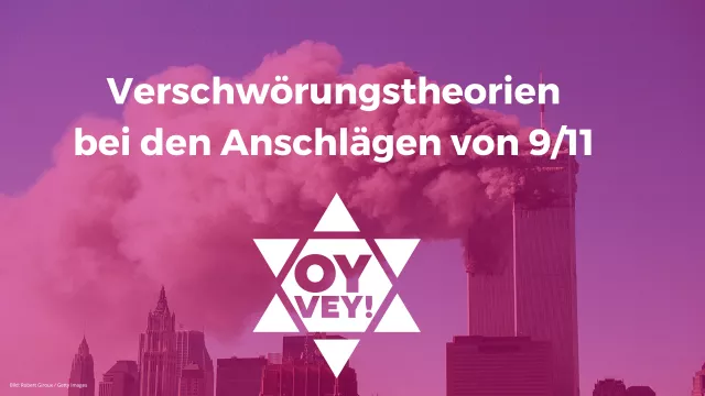 Rauchende Twin Tower davor Schrift "Verschwörungstheorien bei den Anschlägen von Nine Eleven