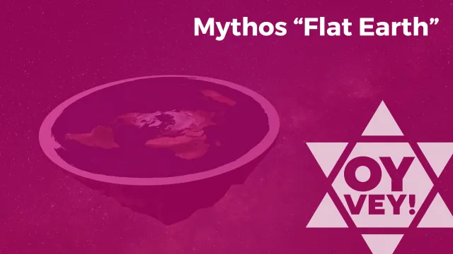 Mythos "Flat Earth". Im Hintergrund ist eine grafische Darstellung der imaginierten flachen Erde zu sehen. Eine künstlerische Darstellung ohne Bezug zur Realität.