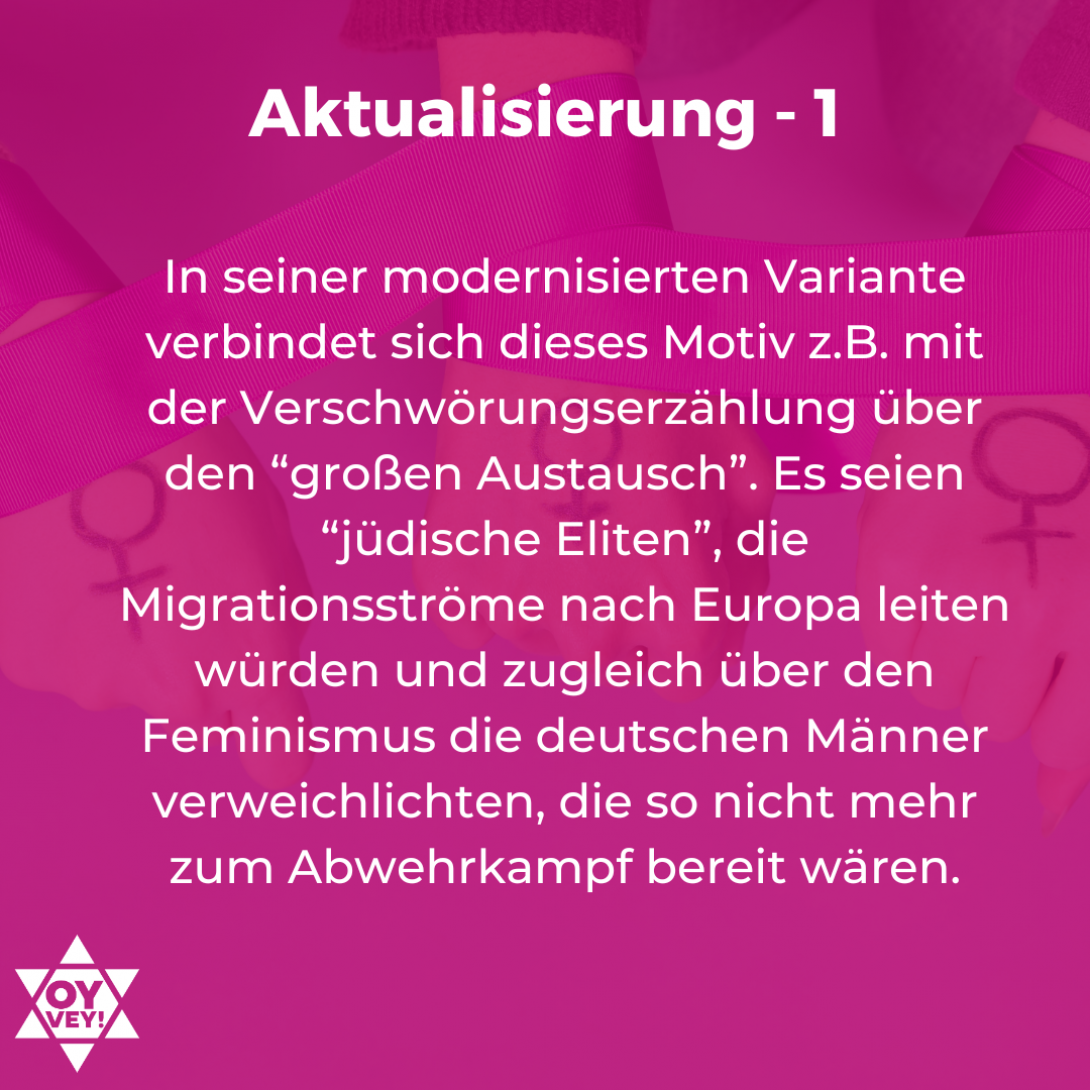 3. Aktualisierung – 1. In seiner modernisierten Variante verbindet sich dieses Motiv z.B. mit der Verschwörungserzählung über den “großen Austausch”. Es seien “jüdische Eliten”, die Migrationsströme nach Europa leiten würden und zugleich über den Feminismus die deutschen Männer verweichlichten, die so nicht mehr zum Abwehrkampf bereit wären.