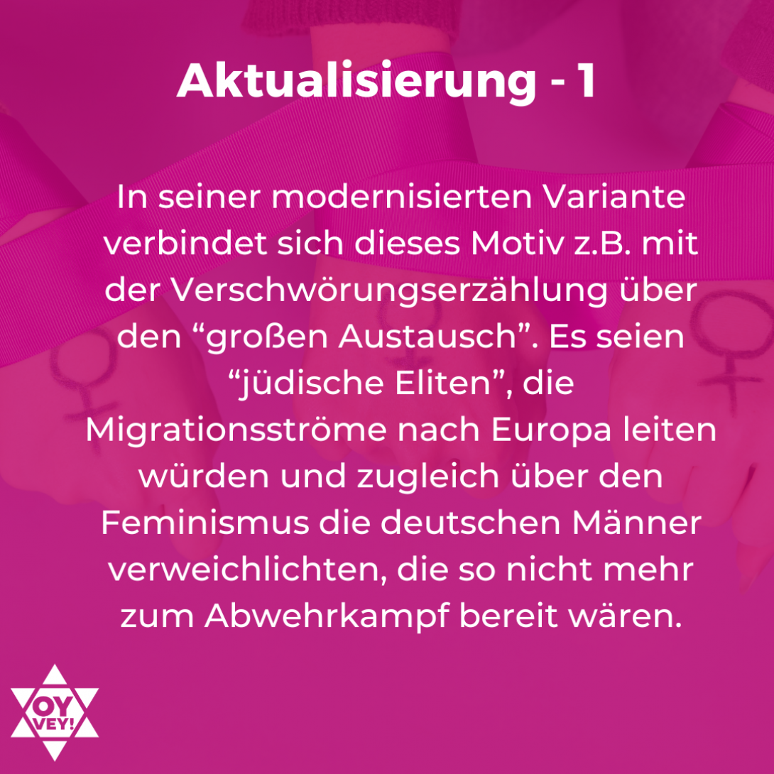 3.	Aktualisierung – 1. In seiner modernisierten Variante verbindet sich dieses Motiv z.B. mit der Verschwörungserzählung über den “großen Austausch”. Es seien “jüdische Eliten”, die Migrationsströme nach Europa leiten würden und zugleich über den Feminismus die deutschen Männer verweichlichten, die so nicht mehr zum Abwehrkampf bereit wären.