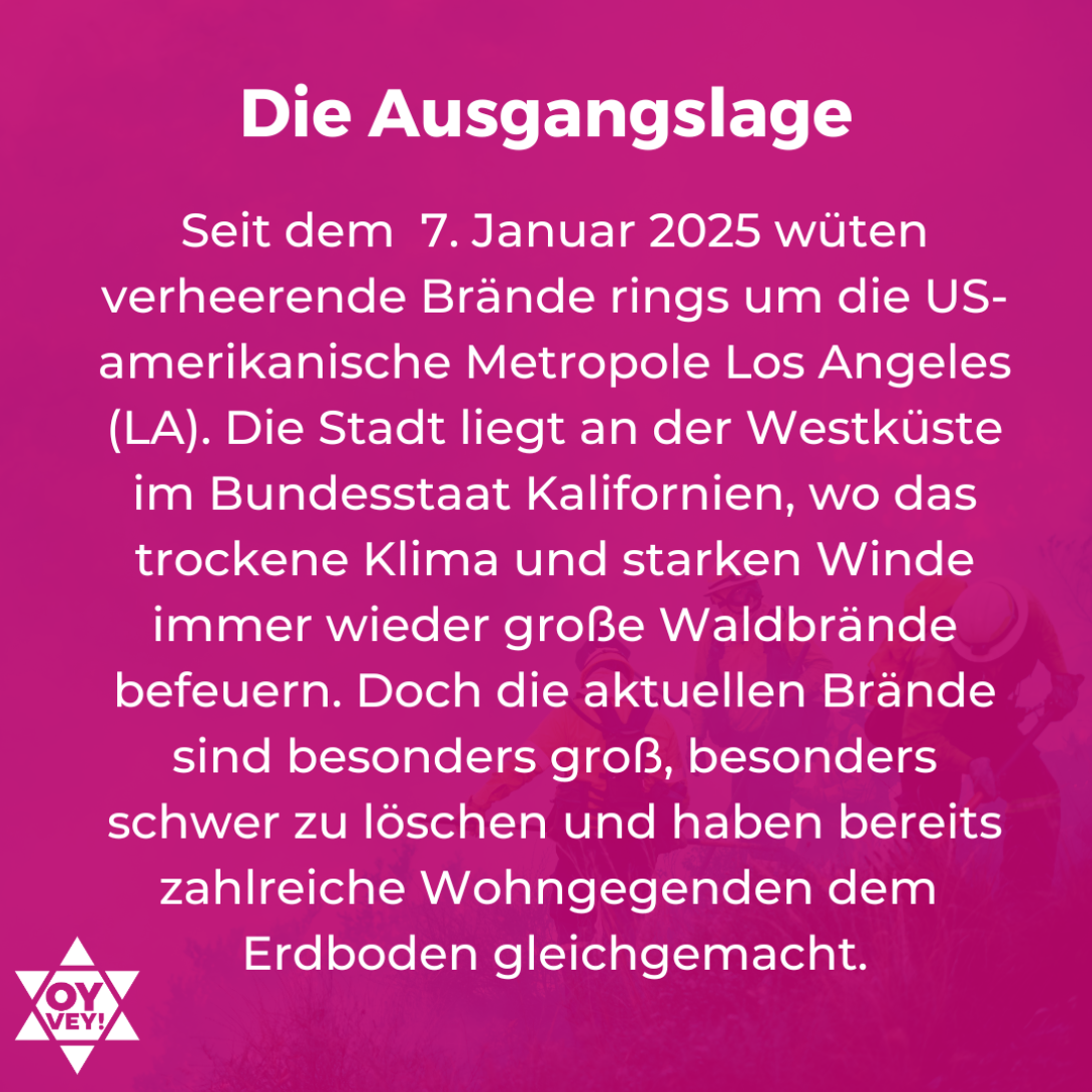 Die Ausgangslage. Seit dem 7. Januar 2025 wüten verheerende Brände rings um die US-amerikanische Metropole Los Angeles (LA). Die Stadt liegt an der Westküste im Bundesstaat Kalifornien, wo das trockene Klima und starken Winde immer wieder große Waldbrände befeuern. Doch die aktuellen Brände sind besonders groß, besonders schwer zu löschen und haben bereits zahlreiche Wohngegenden dem Erdboden gleichgemacht.
